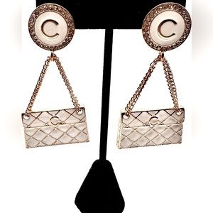 NWOT Very Cute “C” inspired Earrings, White & Gold Tone w/Crystalsl